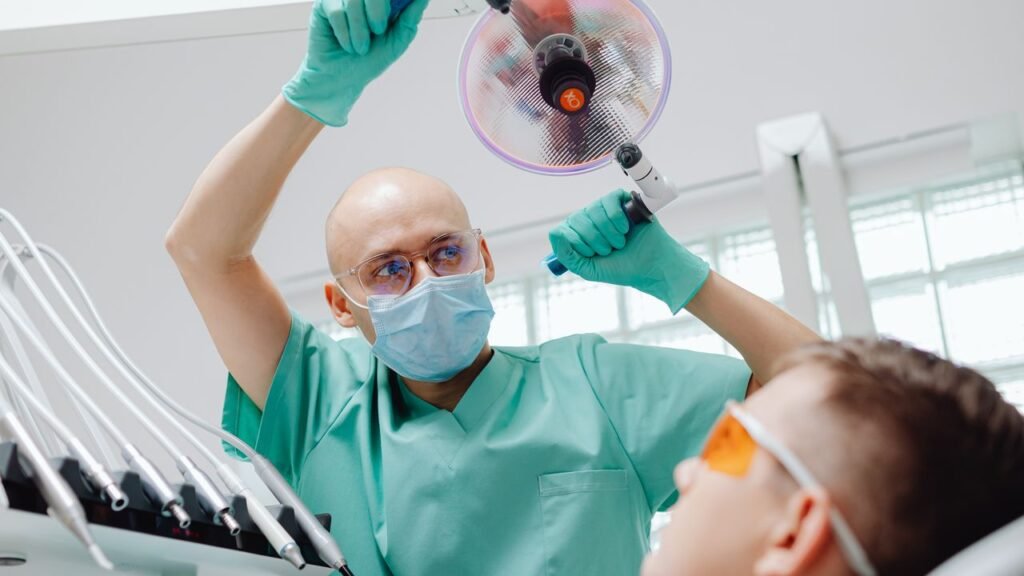 Porcelain dental crown shade matching at a dental clinic in Woodbridge